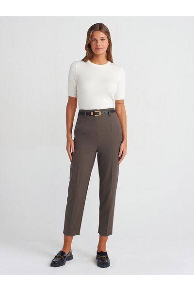 Dilvin 71293 Model High Waist and Belted Khaki Trousers
