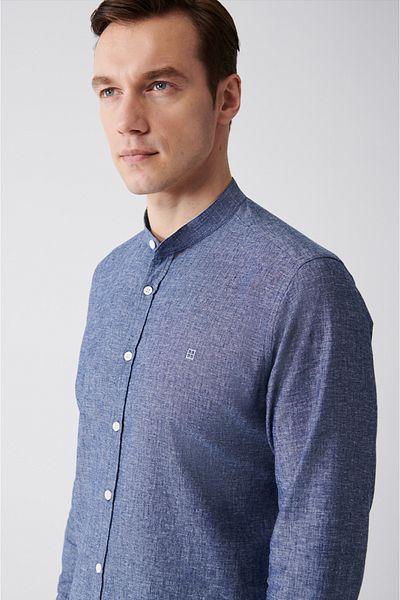 Avva Herren-Hemd aus Leinenmischung in Indigo mit Richterkragen B 002027
