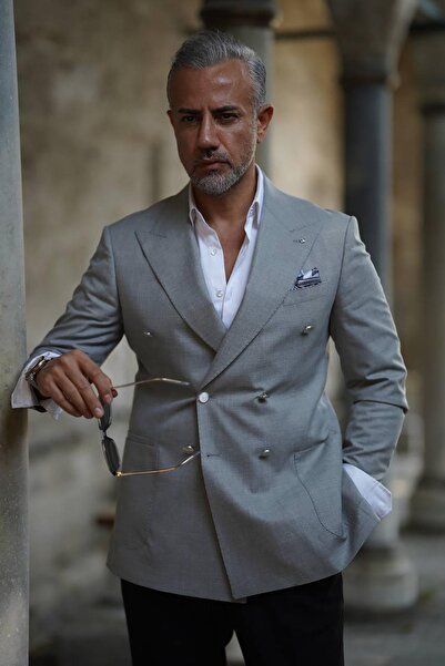 Fc Plus Çift Torba Cep Metal Düğme Detaylı Premium Kruvaze Gri Ceket