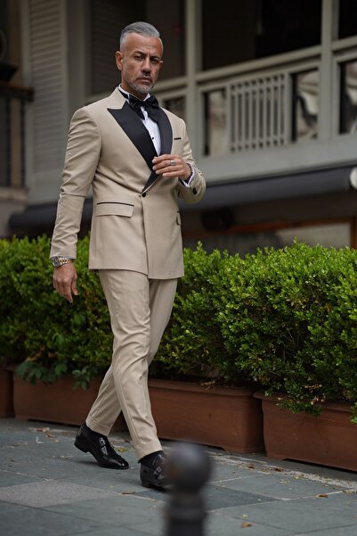 Fc Plus Bej Damatlık Çıkma Yakalı Kruvaze Takım Elbise - Slim Fit