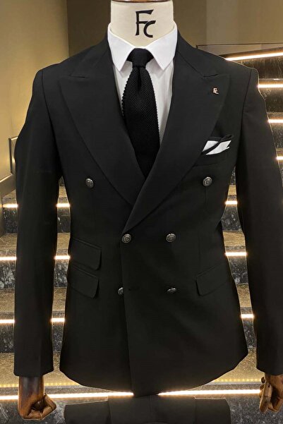 Fc Plus Geniş Sivri Yaka Siyah Kruvaze Ceket