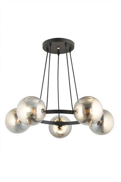 SONSUZ AYDINLATMA&AVİZE Infinite Black 5-Piece Ring Smoked Globe Glass Modern Chandelier