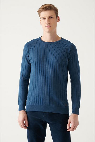 Avva Férfi indigó nyakú jacquard kötöttáru pulóver A22y5179