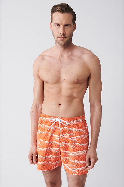 Avva Orangefarbene, schnell trocknende, bedruckte Standard-Badeanzug-Badeshorts für Herren E 003802