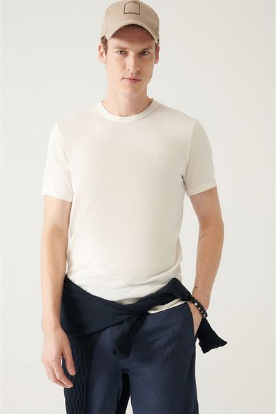 Avva Weißes Basic-Strick-T-Shirt mit Rundhalsausschnitt für Herren A31y5133