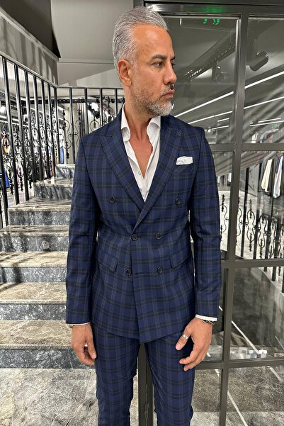 Fc Plus KENDİNDEN DESENLİ KRUVAZE LACİVERT TAKIM ELBİSE