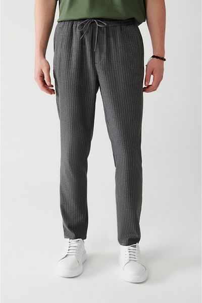 Avva Men's Anthracite Elastic Waist Lace up Striped Stretchy Jogger Pants A31Y3023