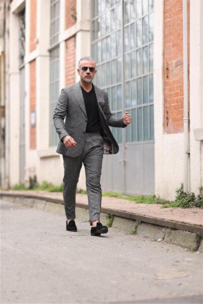 Fc Plus Açık Siyah Geniş Yaka Pantolonu Pileli Takım Elbise - Slim Fit