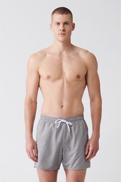 Avva Grau-weiße, schnell trocknende, bedruckte Standard-Badeanzug-Badeshorts für Herren E 003802