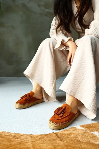 NILUFARR Papuci de damă cu espadrile din piele naturală din piele naturală maro