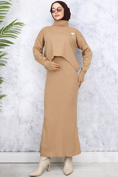 benguen Σετ πλεκτό 6110 Model Mink Turtleneck Brooch Gilet Knitwear