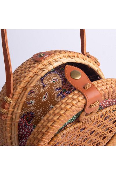 Nas Bag Geantă rotundă originală din paie pentru femei, curea din piele, paie maro