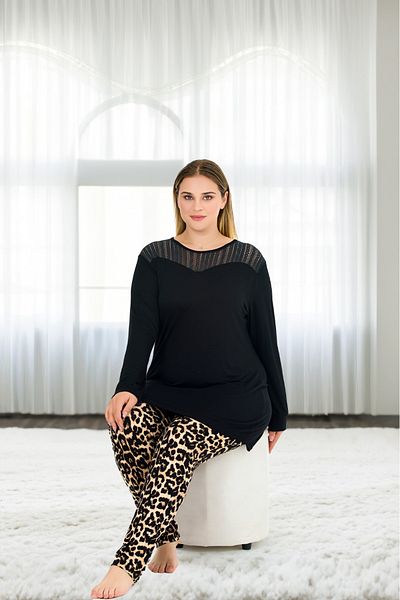 Lady Lingerie Large Size Long Sleeve Pajama Set with Leopard Tights