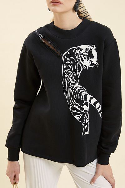 VERDA Tiger Printed Zipper Detailed Sweatshirt
