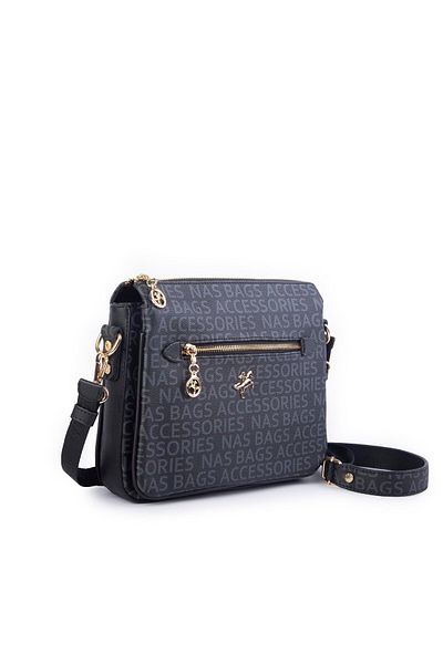 Nas Bag Geantă de damă cu curea reglabilă groasă cu text negru (lățime: 26 cm, înălțime: 22 cm)