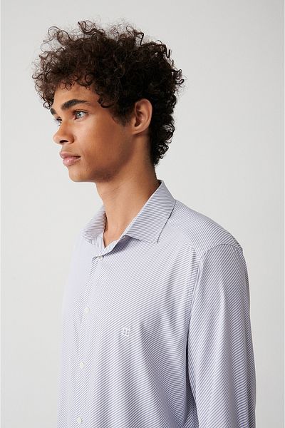 Avva Men's Gray Classic Collar Striped Travel Shirt A32Y2108