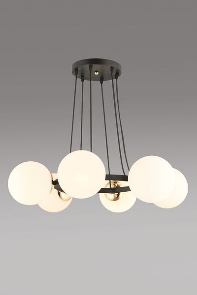 SONSUZ AYDINLATMA&AVİZE Infinite Black 6-Piece Ring White Globe Glass Modern Chandelier
