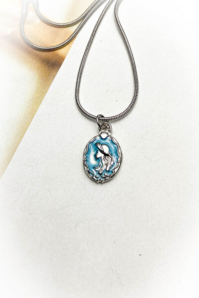 roshel Gümüş Renk Çelik Mavi Mineli Madalyon Deniz Kızı Detaylı Çelik Kolye