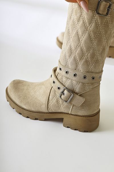 Limoya Γυναικείες μπότες Carma Beige Suede με λεπτομέρεια καπιτονέ ραφές