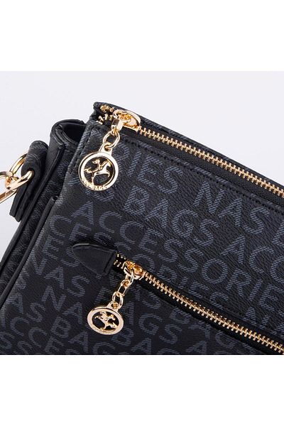 Nas Bag Geantă de damă cu curea reglabilă groasă cu text negru (lățime: 26 cm, înălțime: 22 cm)
