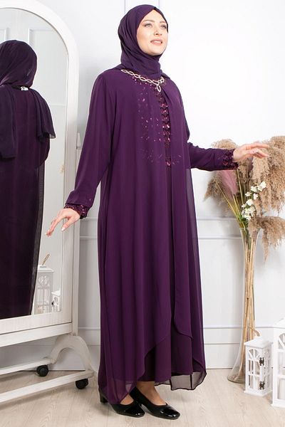 SUBU TASARIM Plum Stone Embroidered Sequined Dress - Tbs2301