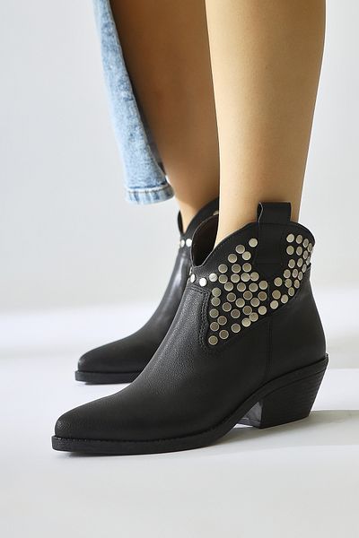 Limoya Tency Black Studded Detailed Pointed Toe Western Γυναικείες Μπότες, Γυναικεία Μποτάκια