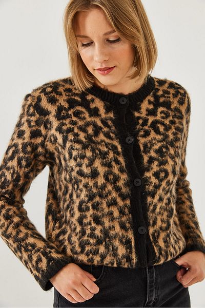 Bianco Lucci Women's Leopard Patterned Ribbed Cardigan 241070 60251938