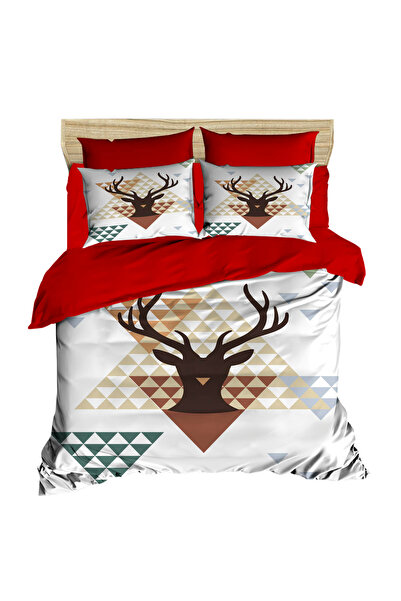 Fabeteks New Year's Deer Head Figure and Triangles Digital Duvet Cover Set