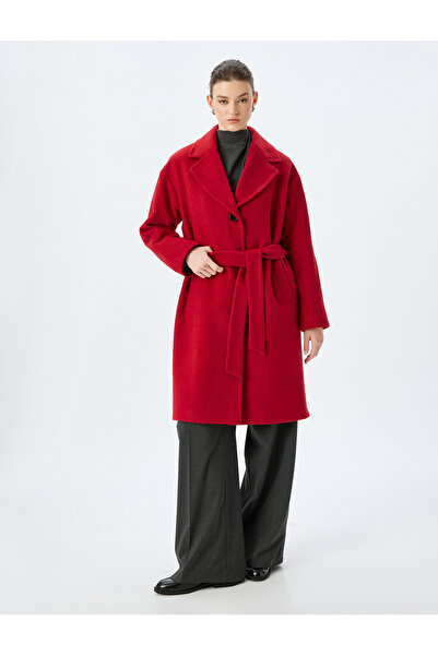 Koton Kemerli Düğmeli Kruvaze Uzun Kaşe Kaban