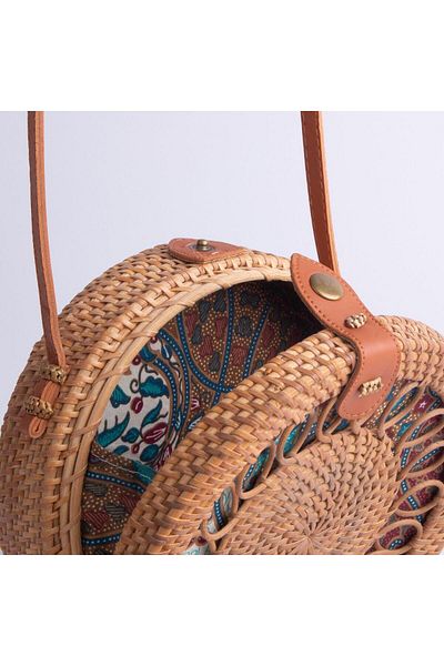 Nas Bag Geantă rotundă originală din paie pentru femei, curea din piele, paie maro
