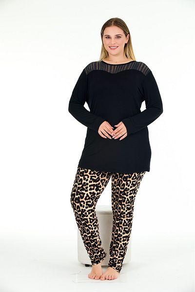 Lady Lingerie Large Size Long Sleeve Pajama Set with Leopard Tights