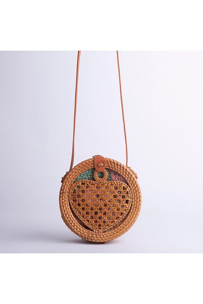 Nas Bag Geantă rotundă originală din paie pentru femei, curea din piele, paie maro