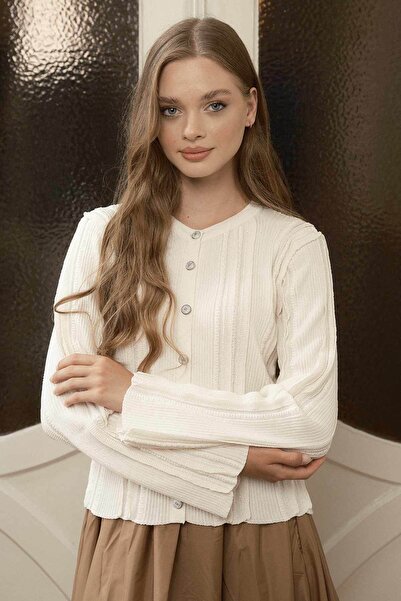 Hooopstore Cream Colored Gather Detailed Cardigan