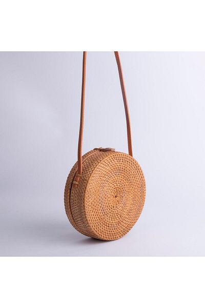 Nas Bag Geantă rotundă originală din paie pentru femei, curea din piele, paie maro