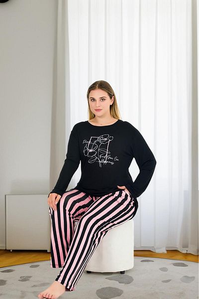 Lady Lingerie Pink Striped Large Size Long Sleeve Pajamas Set