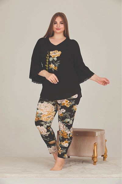Lady Lingerie Yellow Flower Patterned Large Size Long Sleeve Pajamas Set