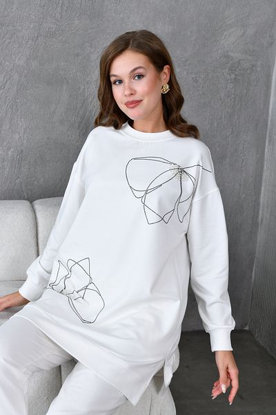 MVStore Women's Stone Bead Detail Oversize Sweatshirt Bottom-Top Set