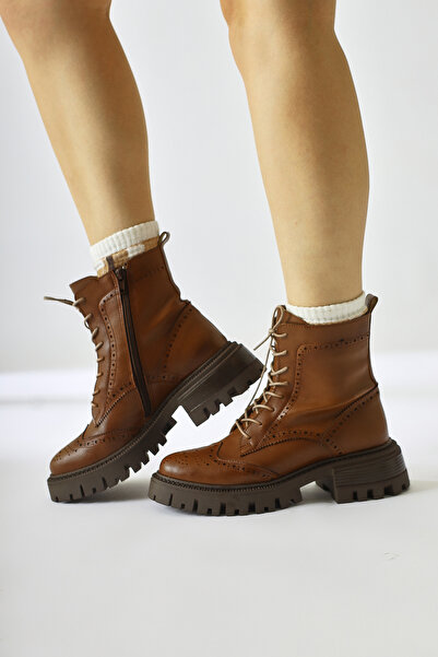 Limoya Morgan Taba Lazer Kesim Detaylı Bağcıklı Kadın Postal, Kadın Bağcıklı Bot