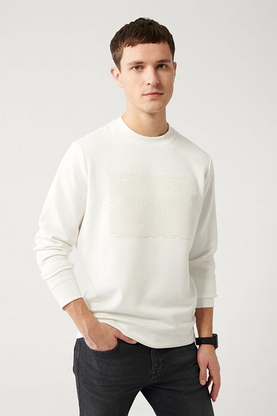 Avva Weißes Herren-Sweatshirt mit Rundhalsausschnitt und Interlock-Stoff, bedruckt, A32y1373