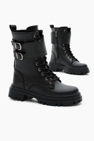 Tonny Black Γυναικείες μαύρες δερμάτινες μπότες Thermo Sole με διπλή πόρπη Velcro με κορδόνια και φερμουάρ