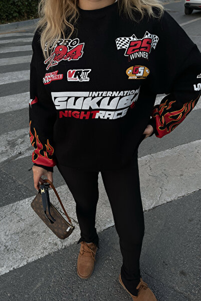 Agolady Tsukuba Turbo 94 Baskılı Siyah Oversize Unisex Sweatshirt