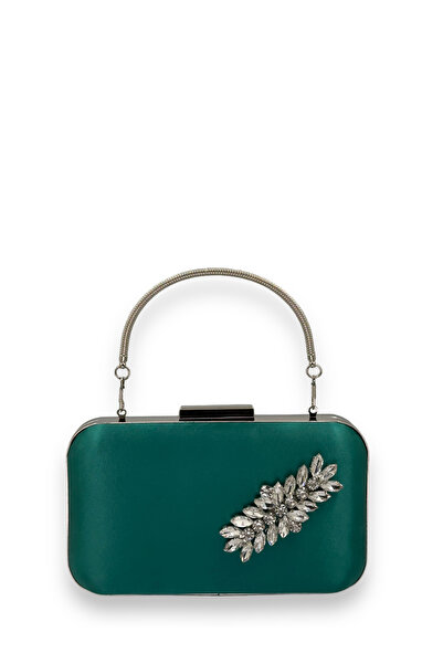 MidStore Green Color Satin Silver Case Silver Stone Handle Evening Dress Even...