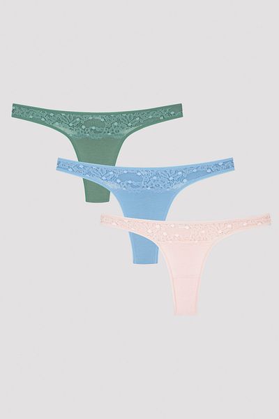 Penti Chiloți tanga multicolore din 3 bucăți cu dantelă în cascadă