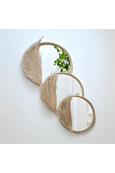 EMEK HOME Makrome Duvar Dekor Halka Tüylü Aynalı Duvar Süsü 3’lü Set %100 El Yapımı Bohem Ayna Takımı