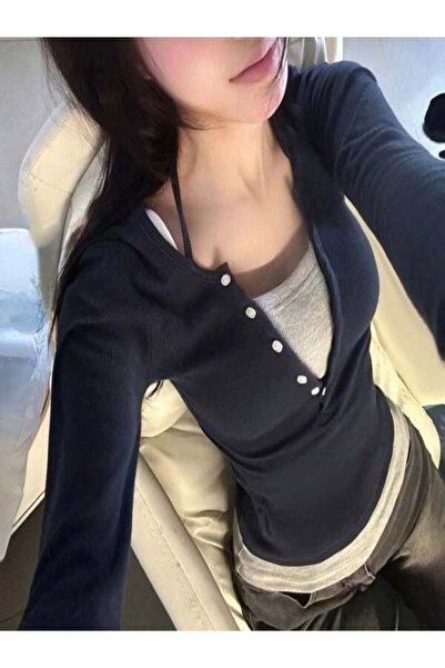 BALİNA Lacivert Düğmeli Gri Ek Parçalı Uzun Kollu THE SOLO