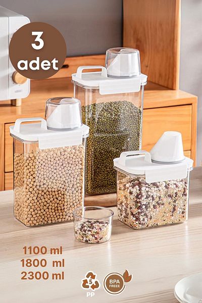 GRİMOR Life 3-Piece Leak-Proof Food Pulses Storage Set - 1100ml 1800ml 2300ml Scale Storage Containers