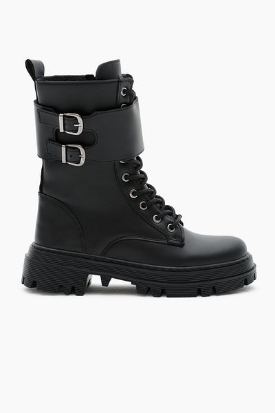 Tonny Black Γυναικείες μαύρες δερμάτινες μπότες Thermo Sole με διπλή πόρπη Velcro με κορδόνια και φερμουάρ