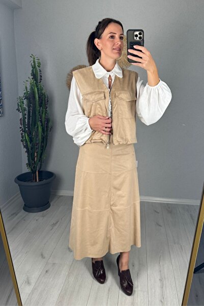 lady special Γυναικείο σετ γιλέκο και φούστα Nubuck σε μπεζ χρώμα