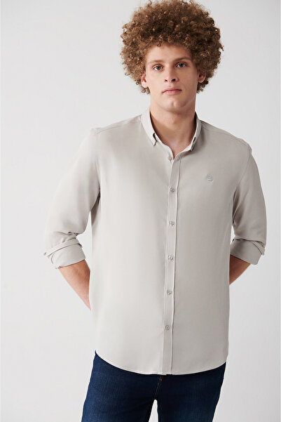 Avva Men's Light Gray Button down Collar Linen Blend Slim Fit Shirt B002001
