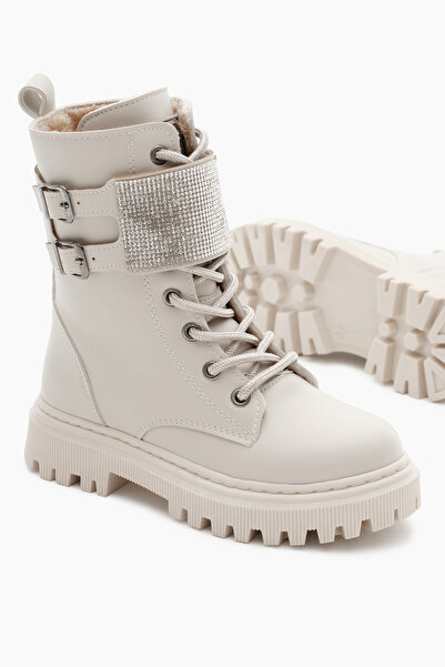 Tonny Black Dívčí béžová kůže Thermo Sole Stone Detailní dvojitá přezka Boty se šněrováním a zipem na suchý zip